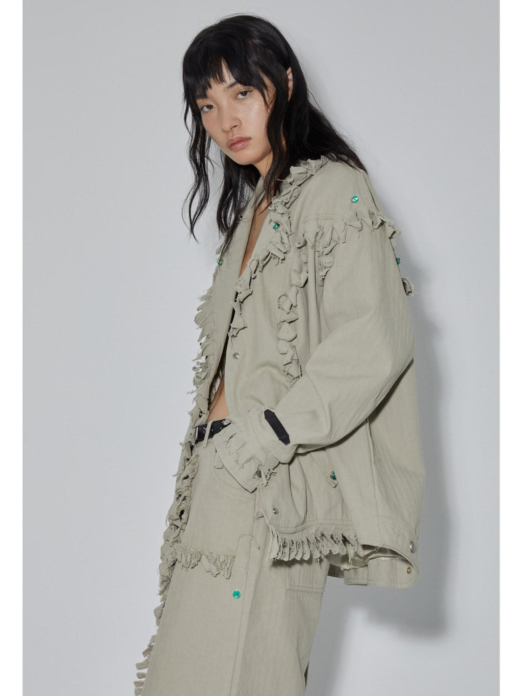 APRIORITY Emerald Gemstone Frayed Blazer Distressed Loose Women's Cotton Shirt Jackets