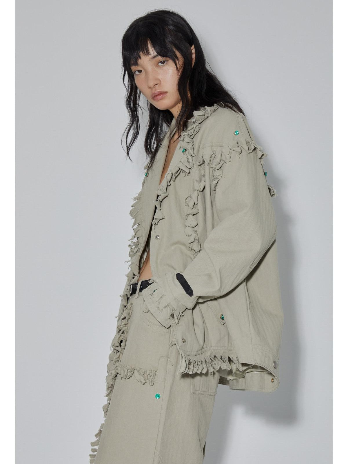 APRIORITY Emerald Gemstone Frayed Blazer Distressed Loose Women's Cotton Shirt Jackets
