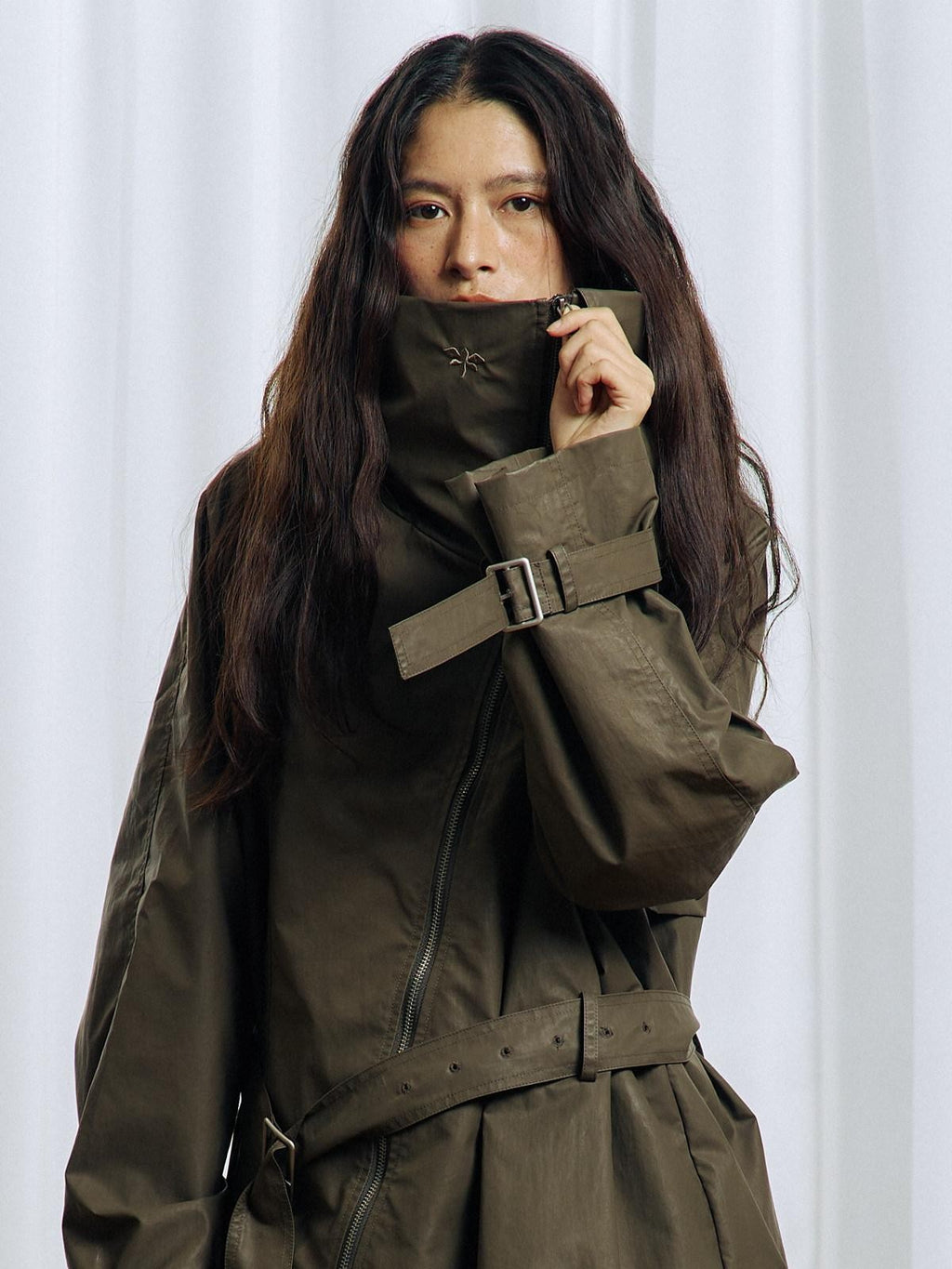 APRIORITY Everlasting Floral Embroidered Asymmetrical Collar Women's Pu Coated Trench Coats