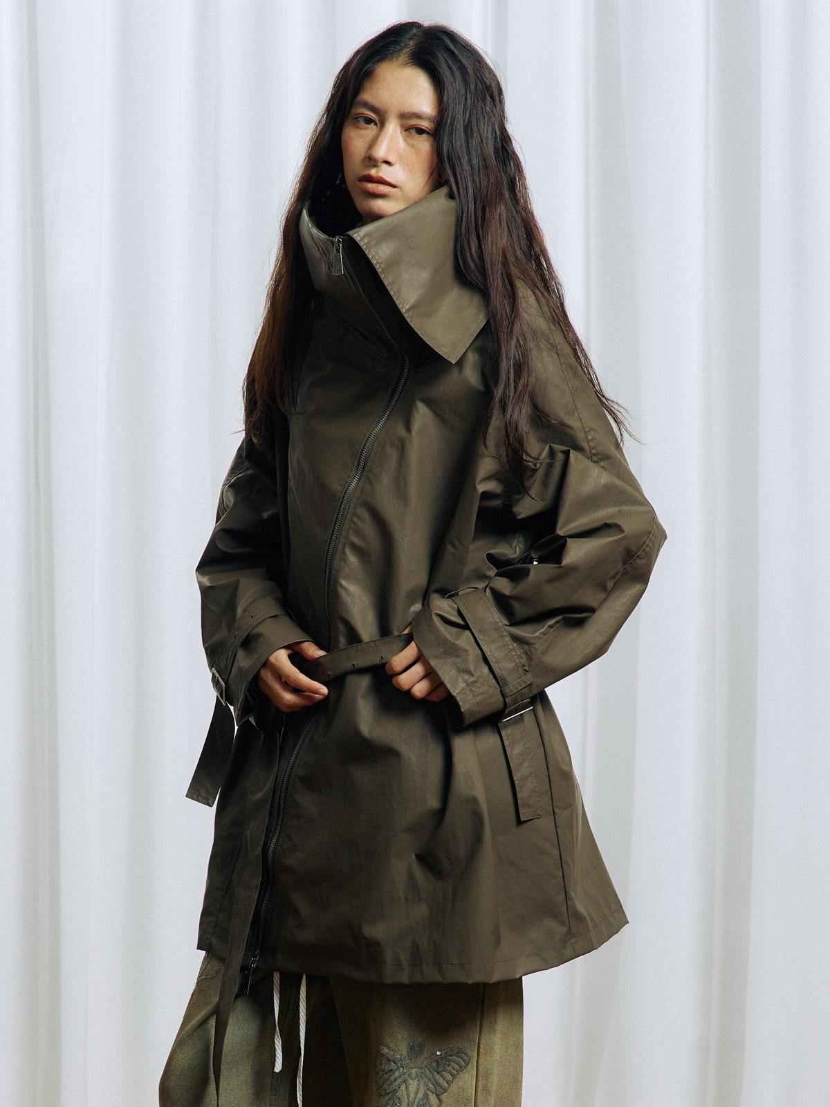 APRIORITY Everlasting Floral Embroidered Asymmetrical Collar Women's Pu Coated Trench Coats