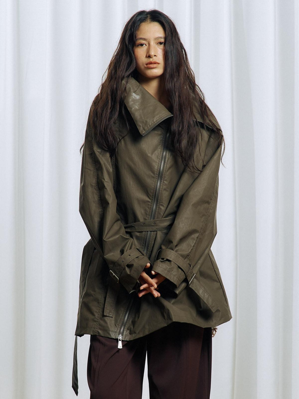 APRIORITY Everlasting Floral Embroidered Asymmetrical Collar Women's Pu Coated Trench Coats