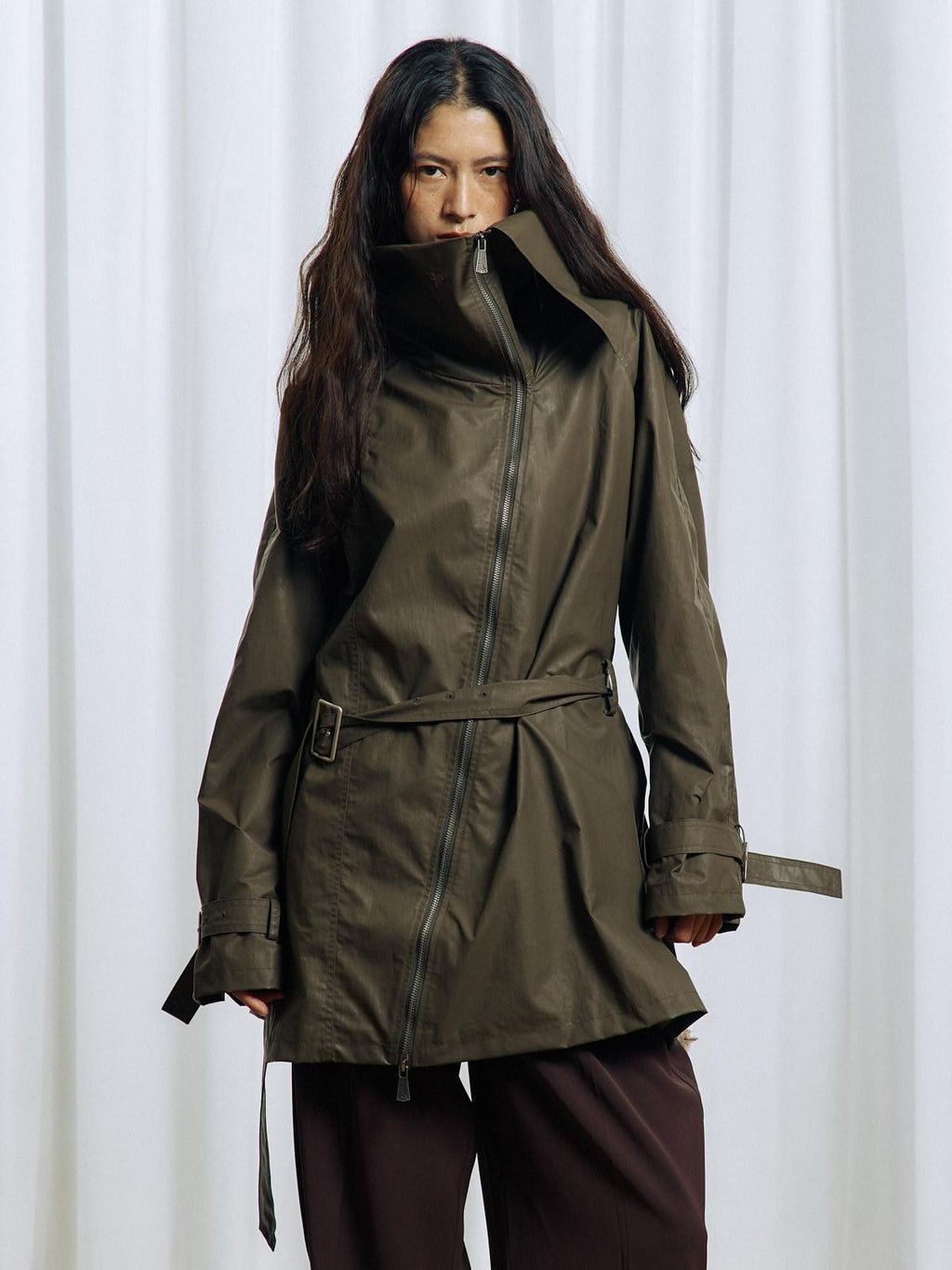 APRIORITY Everlasting Floral Embroidered Asymmetrical Collar Women's Pu Coated Trench Coats