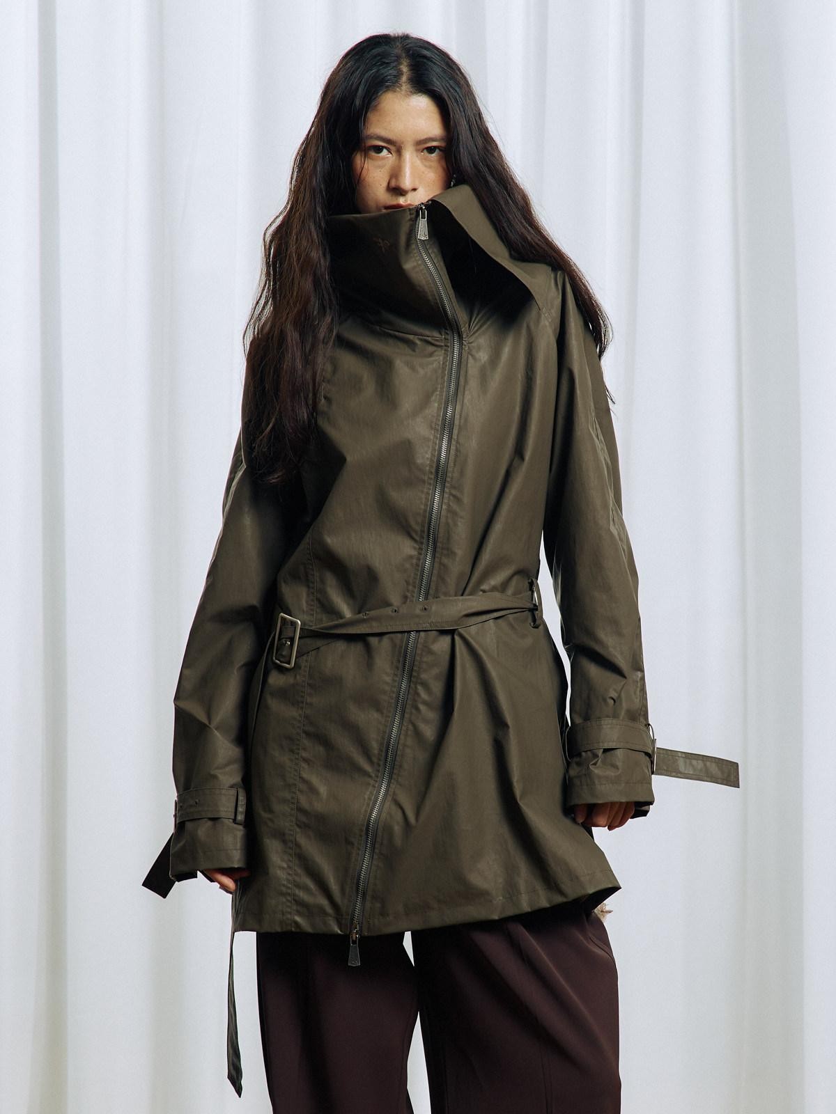 APRIORITY Everlasting Floral Embroidered Asymmetrical Collar Women's Pu Coated Trench Coats