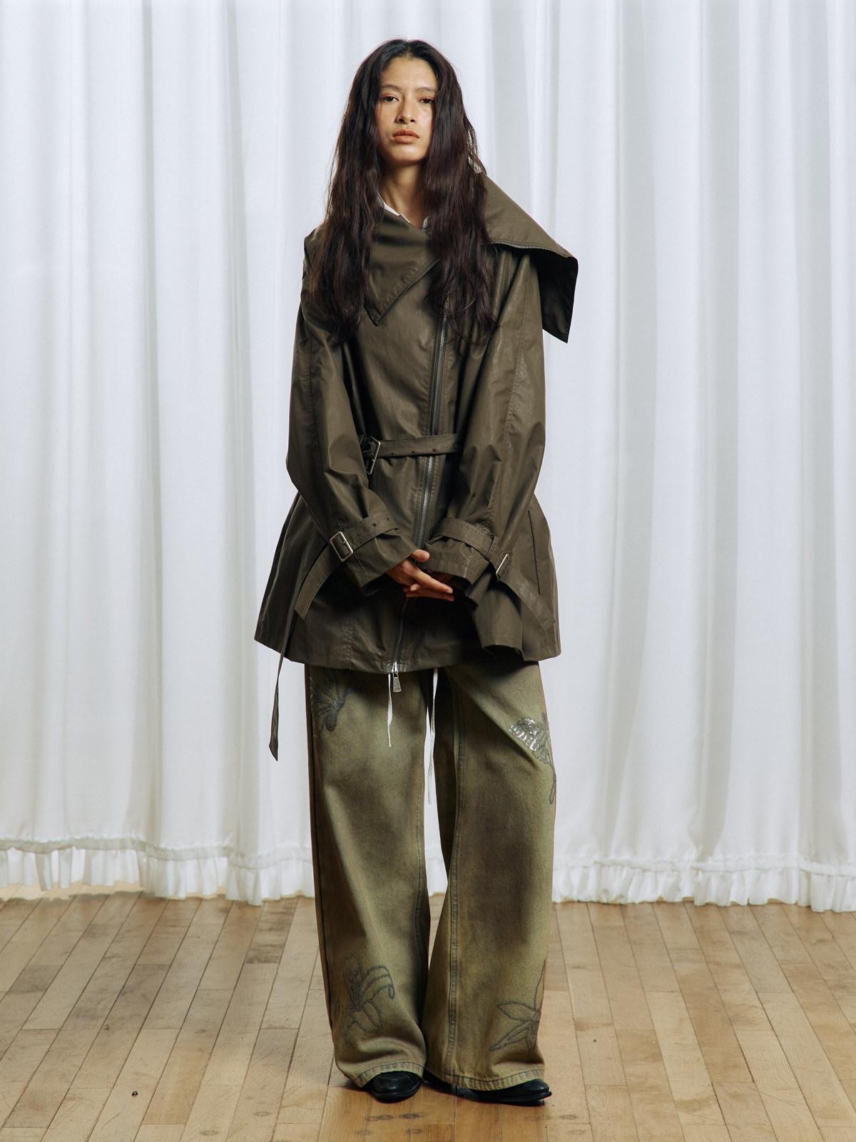 APRIORITY Everlasting Floral Embroidered Asymmetrical Collar Women's Pu Coated Trench Coats