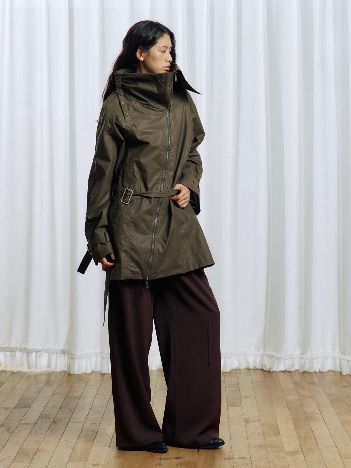 APRIORITY Everlasting Floral Embroidered Asymmetrical Collar Women's Pu Coated Trench Coats