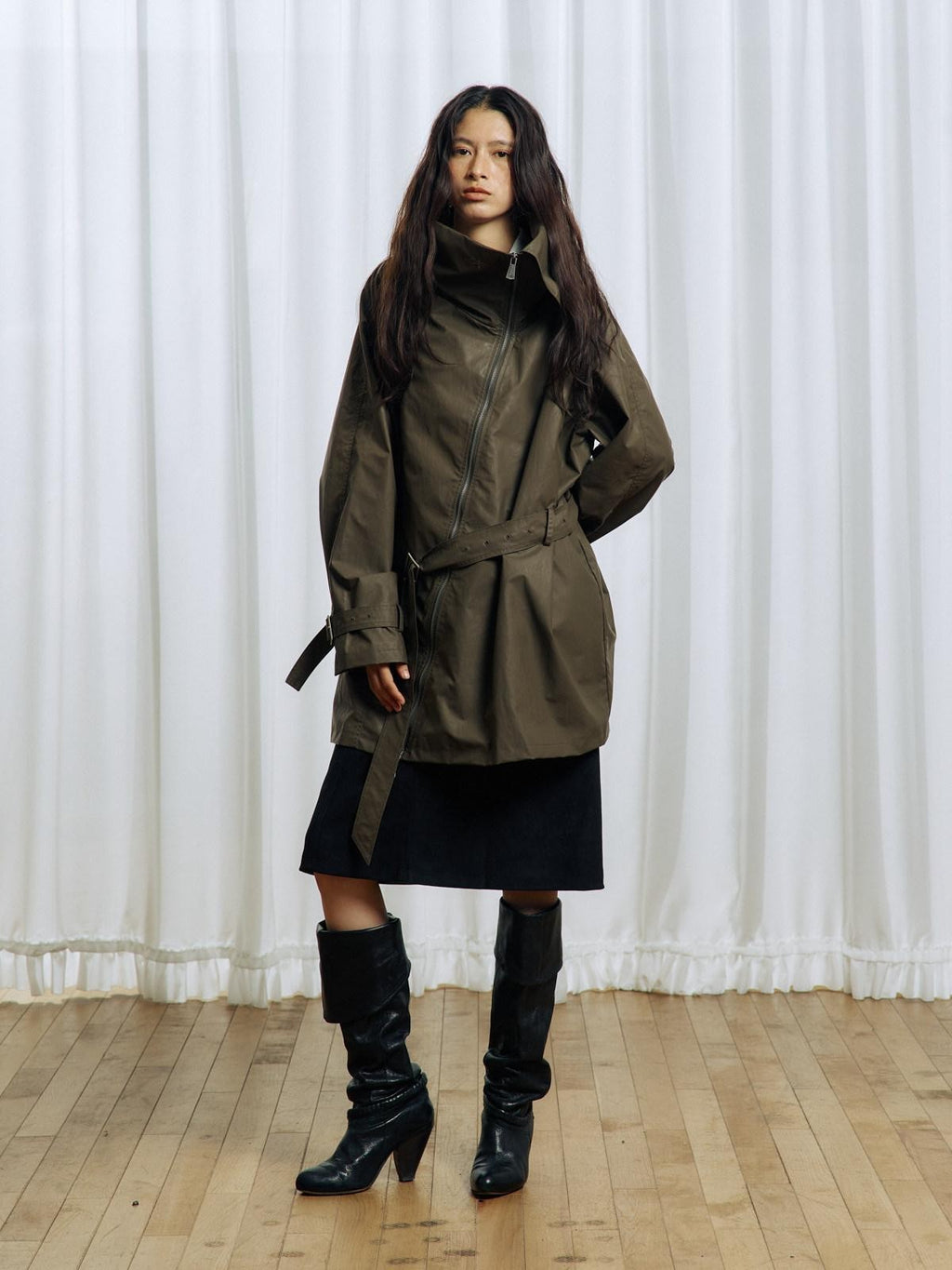 APRIORITY Everlasting Floral Embroidered Asymmetrical Collar Women's Pu Coated Trench Coats