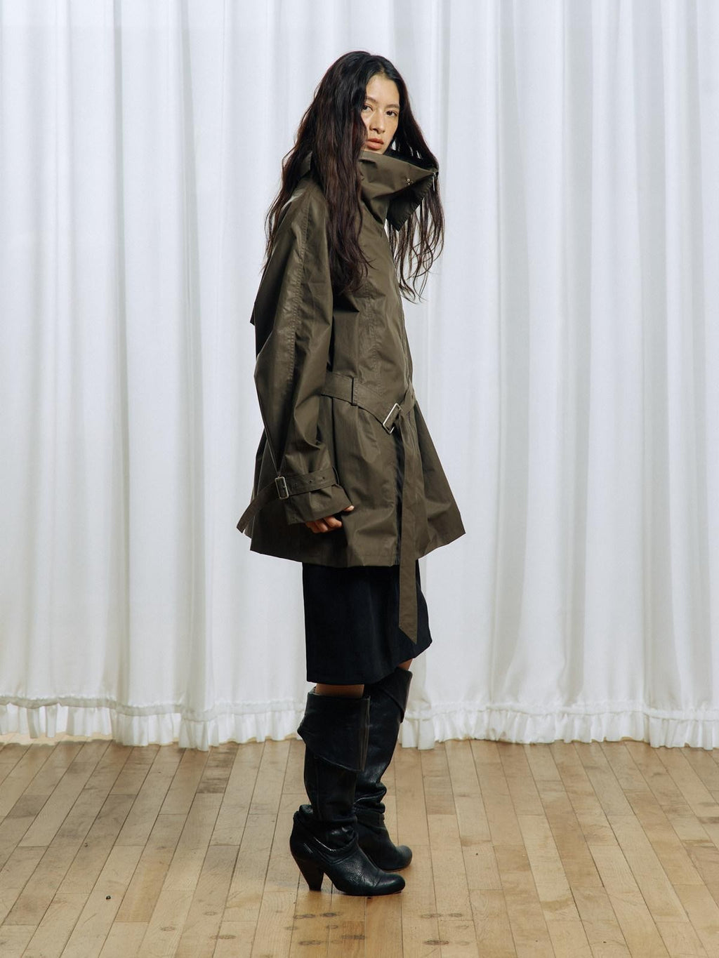 APRIORITY Everlasting Floral Embroidered Asymmetrical Collar Women's Pu Coated Trench Coats
