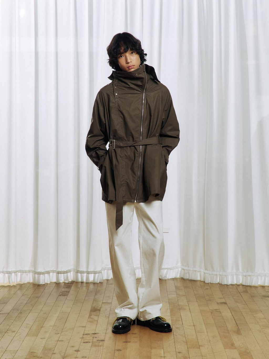 APRIORITY Everlasting Floral Embroidered Asymmetrical Collar Women's Pu Coated Trench Coats