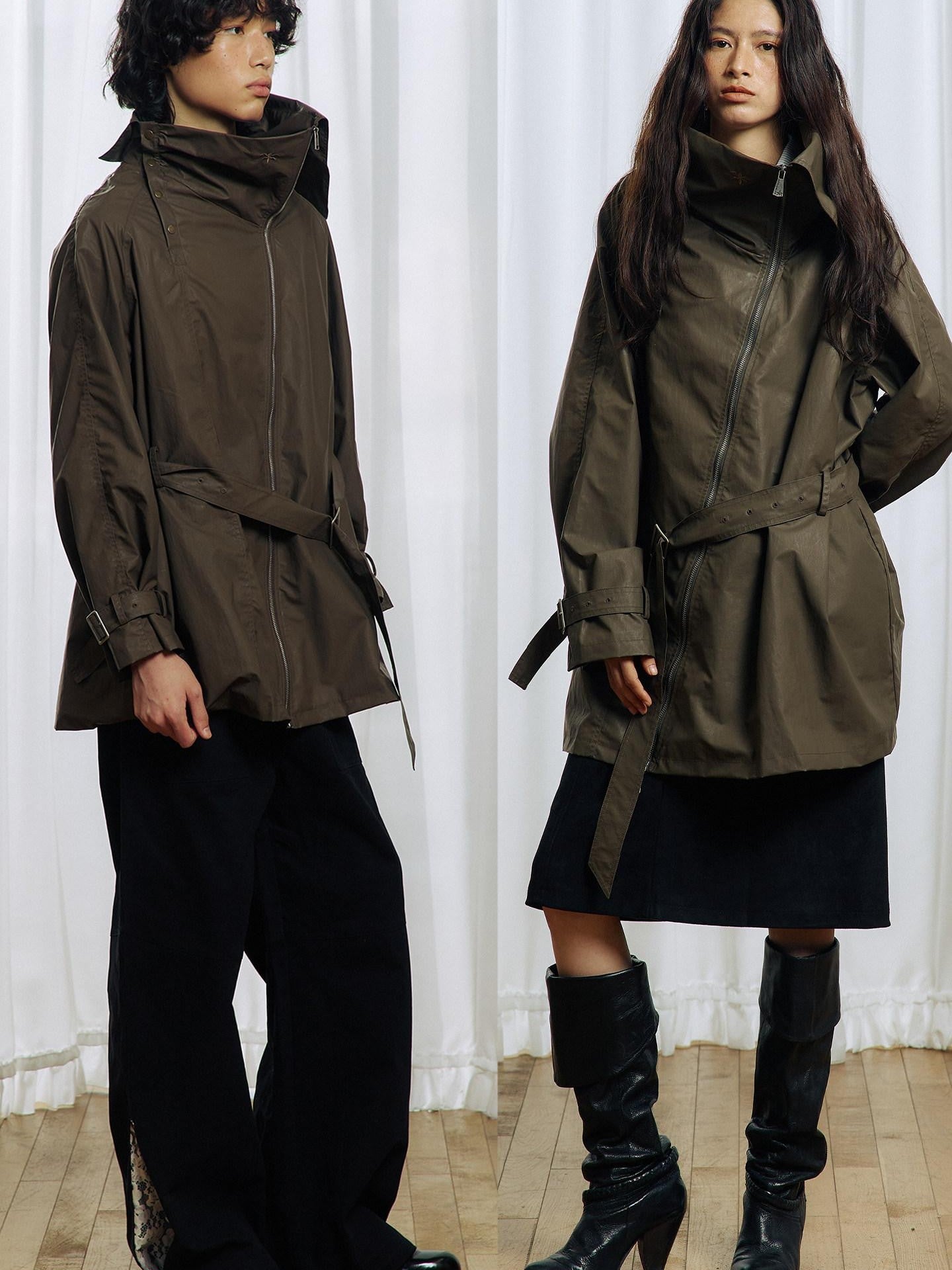 APRIORITY Everlasting Floral Embroidered Asymmetrical Collar Women's Pu Coated Trench Coats