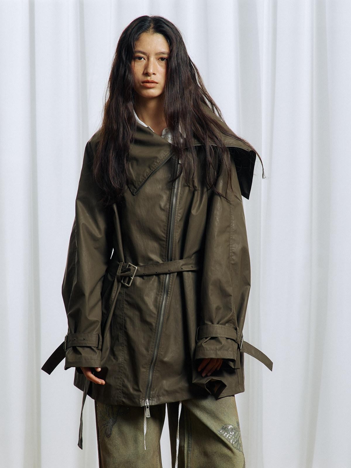 APRIORITY Everlasting Floral Embroidered Asymmetrical Collar Women's Pu Coated Trench Coats