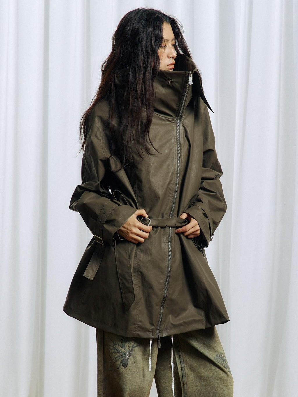 APRIORITY Everlasting Floral Embroidered Asymmetrical Collar Women's Pu Coated Trench Coats