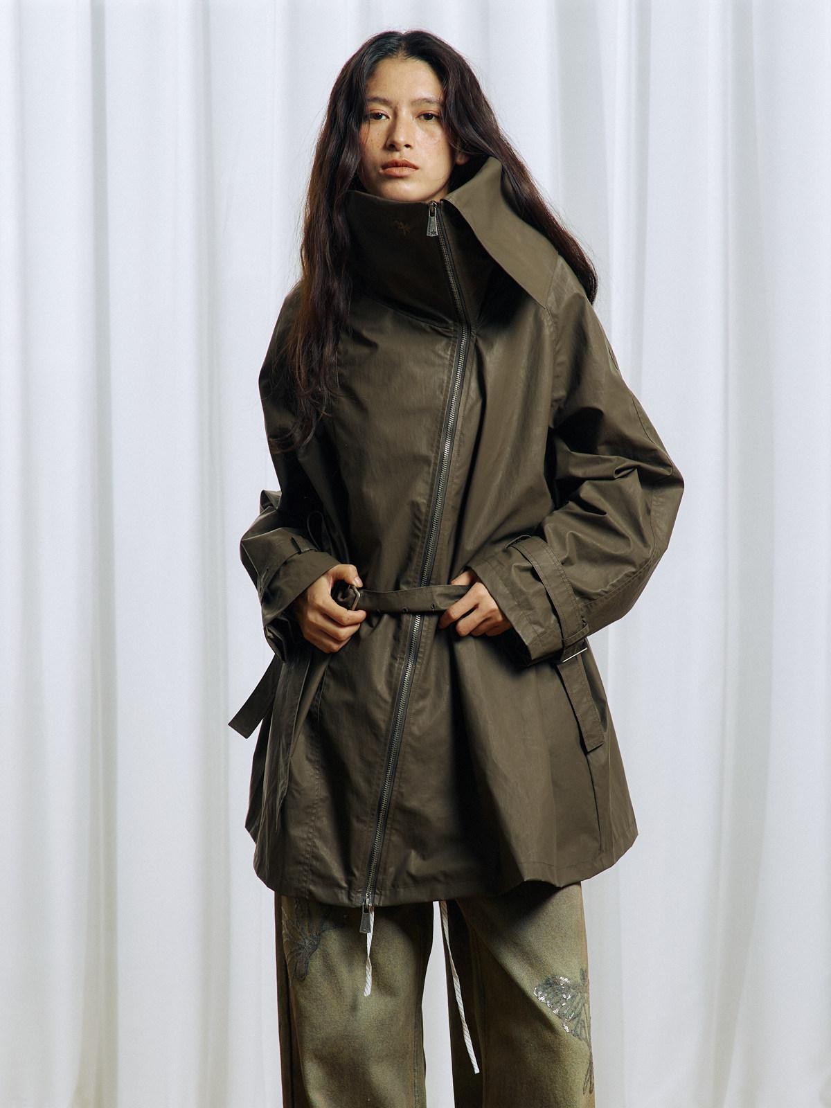 APRIORITY Everlasting Floral Embroidered Asymmetrical Collar Women's Pu Coated Trench Coats