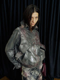 APRIORITY Faded Spray Color Pleated Armor High Collar Women's Pu Leather Jackets