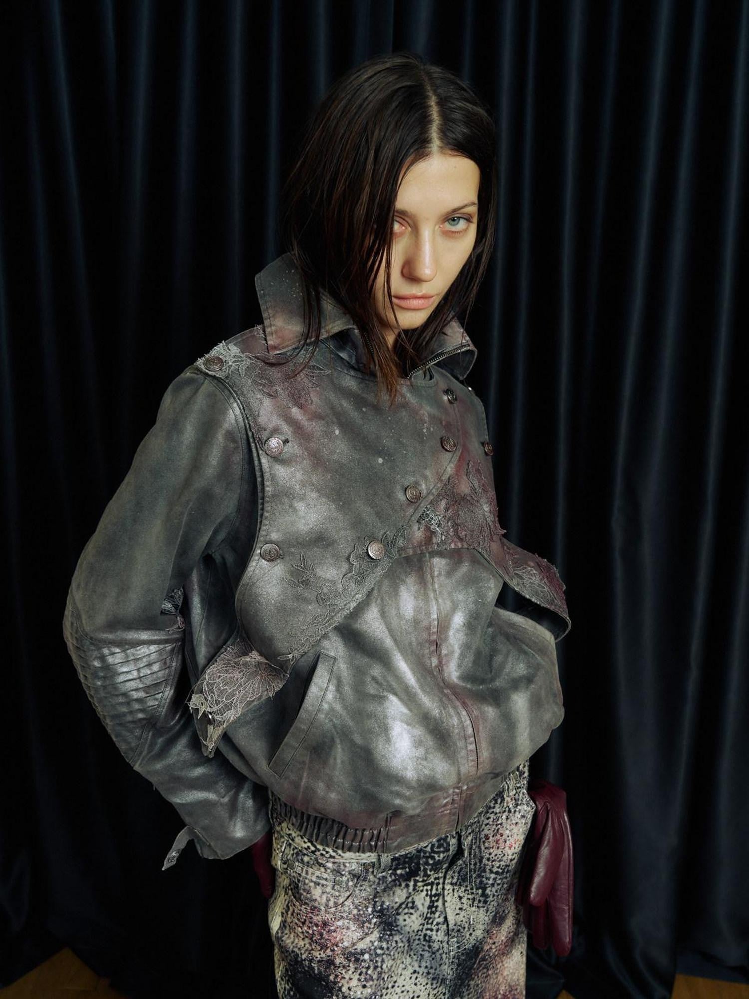APRIORITY Faded Spray Color Pleated Armor High Collar Women's Pu Leather Jackets