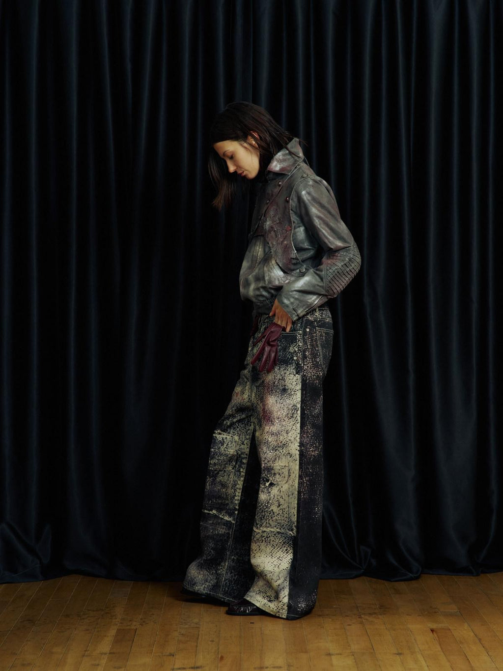 APRIORITY Faded Spray Color Pleated Armor High Collar Women's Pu Leather Jackets