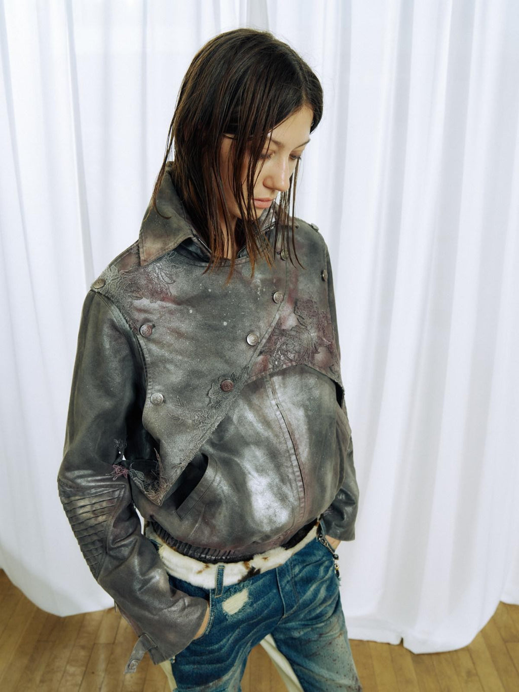 APRIORITY Faded Spray Color Pleated Armor High Collar Women's Pu Leather Jackets