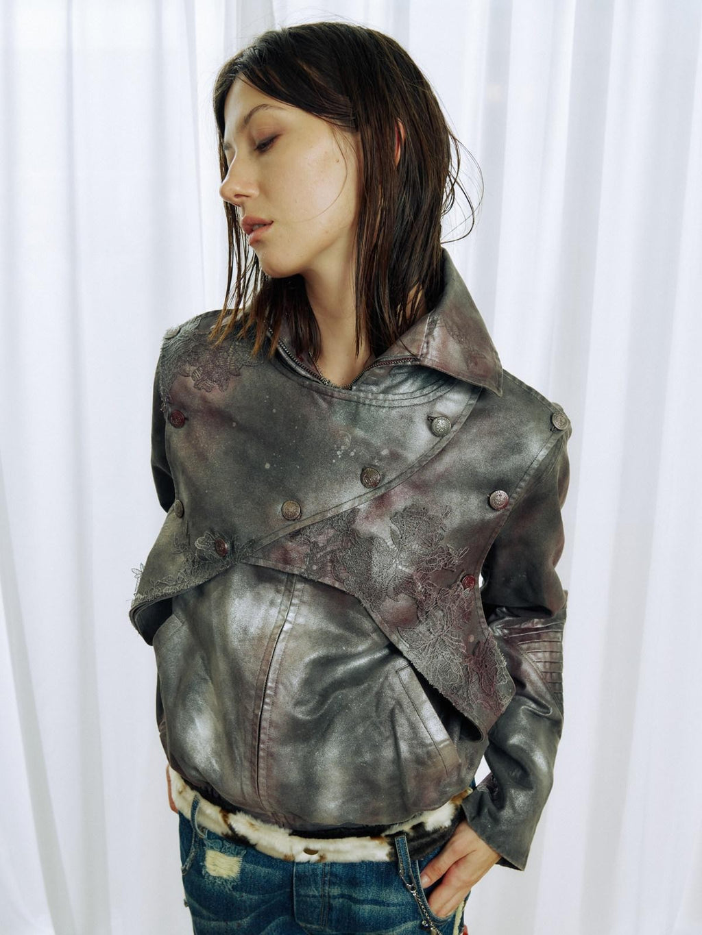APRIORITY Faded Spray Color Pleated Armor High Collar Women's Pu Leather Jackets
