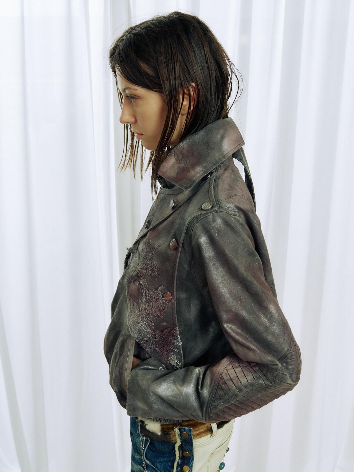 APRIORITY Faded Spray Color Pleated Armor High Collar Women's Pu Leather Jackets