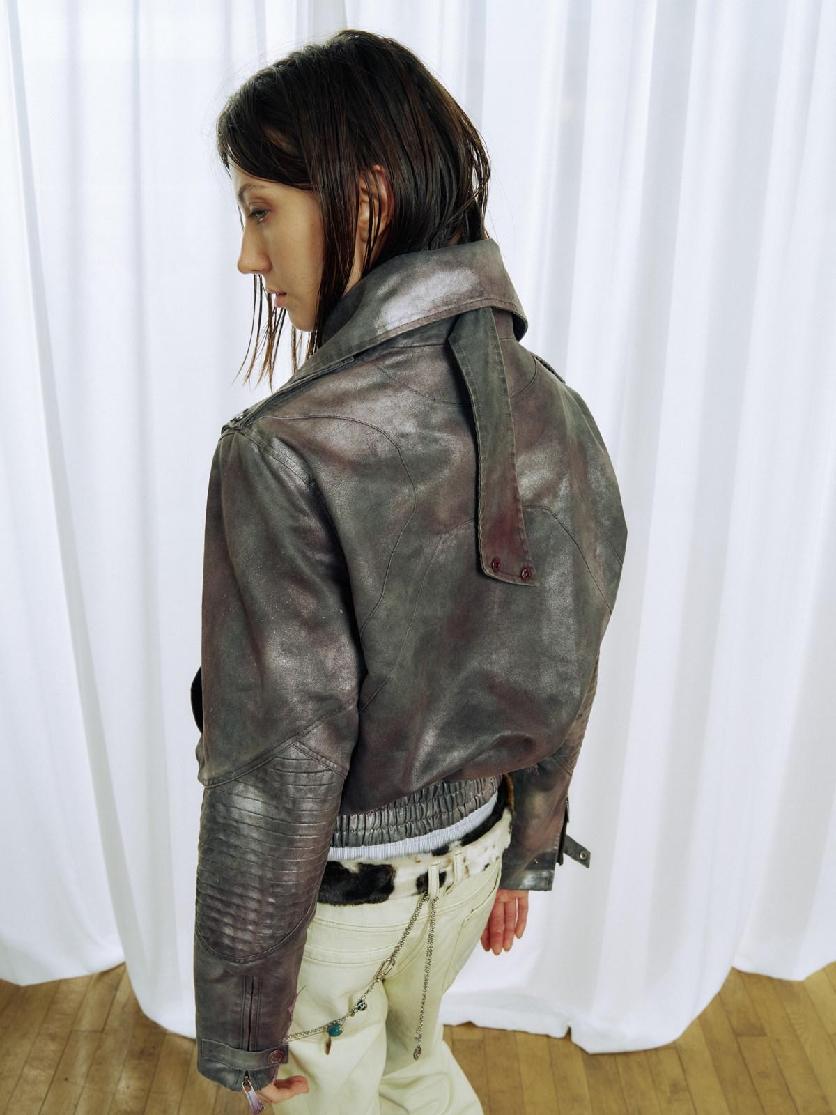 APRIORITY Faded Spray Color Pleated Armor High Collar Women's Pu Leather Jackets