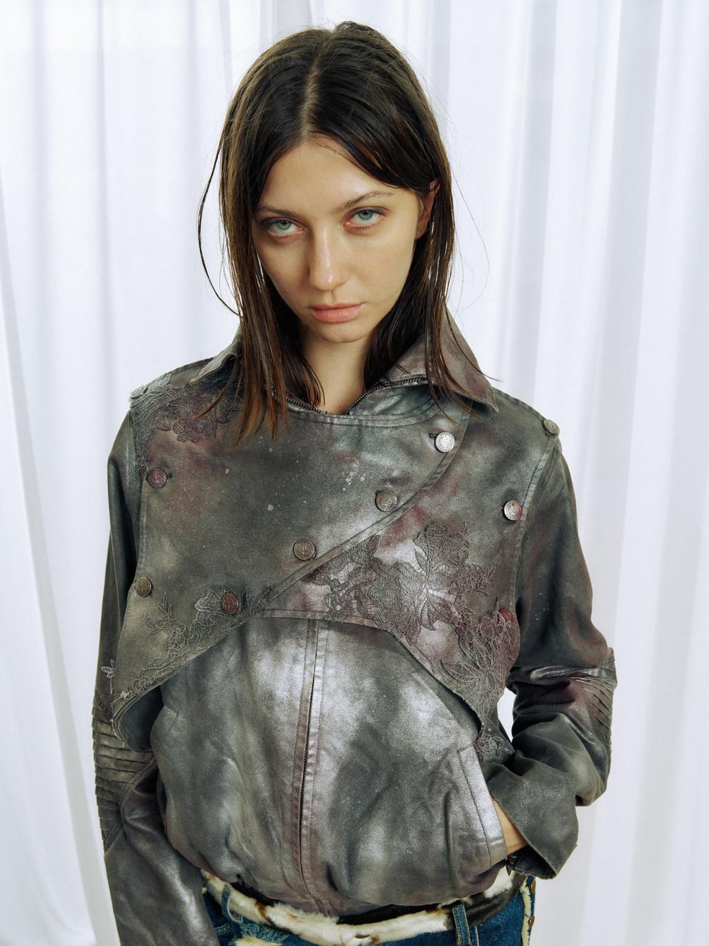 APRIORITY Faded Spray Color Pleated Armor High Collar Women's Pu Leather Jackets
