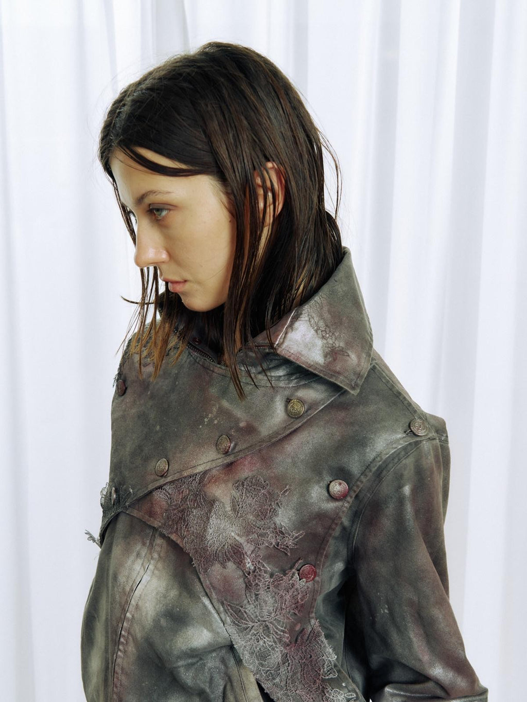 APRIORITY Faded Spray Color Pleated Armor High Collar Women's Pu Leather Jackets