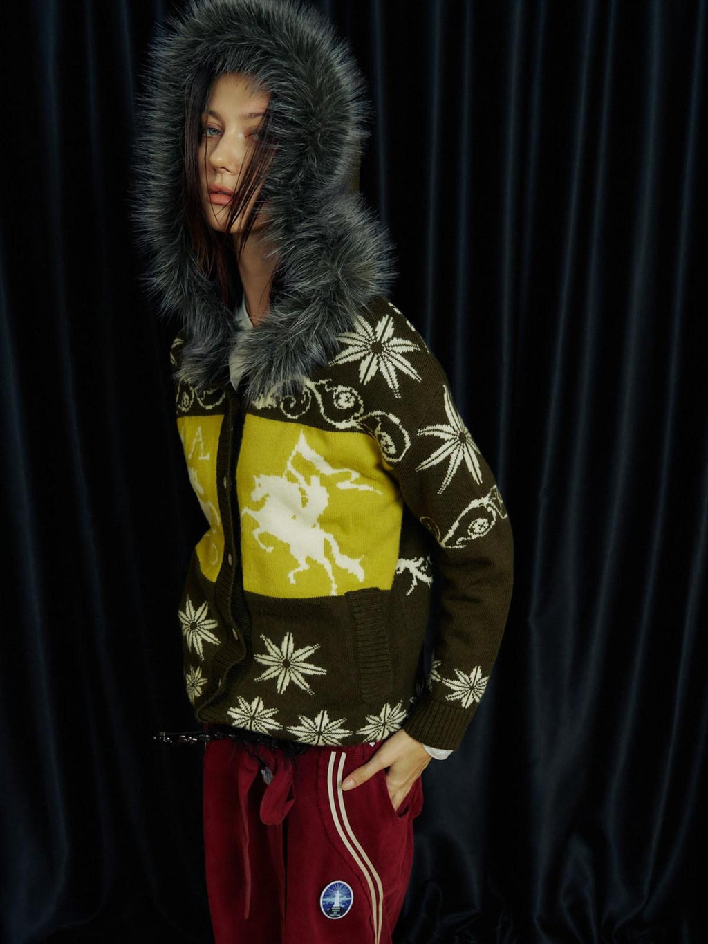 APRIORITY Fair Isle Jacquard Fur Collar Hooded Distressed Women's Wool Blend Cardigans