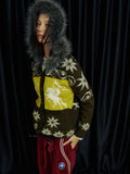 APRIORITY Fair Isle Jacquard Fur Collar Hooded Distressed Women's Wool Blend Cardigans