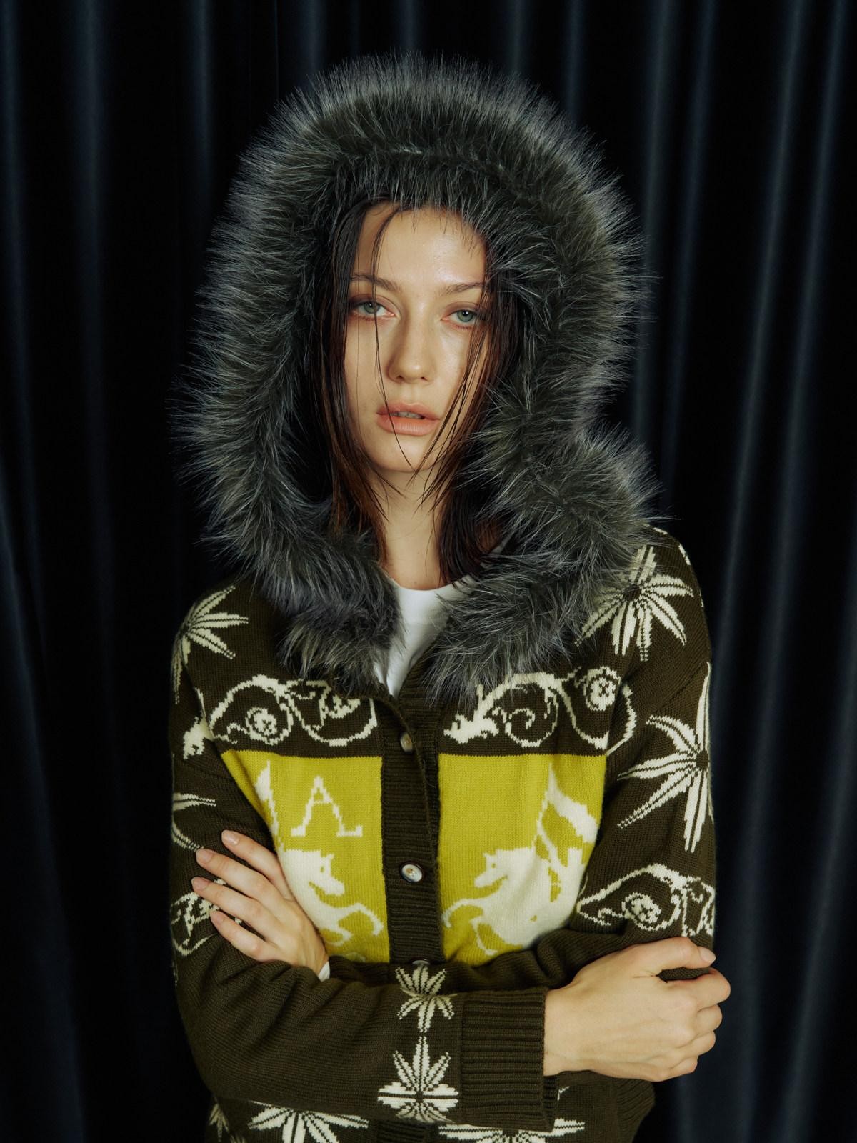 APRIORITY Fair Isle Jacquard Fur Collar Hooded Distressed Women's Wool Blend Cardigans