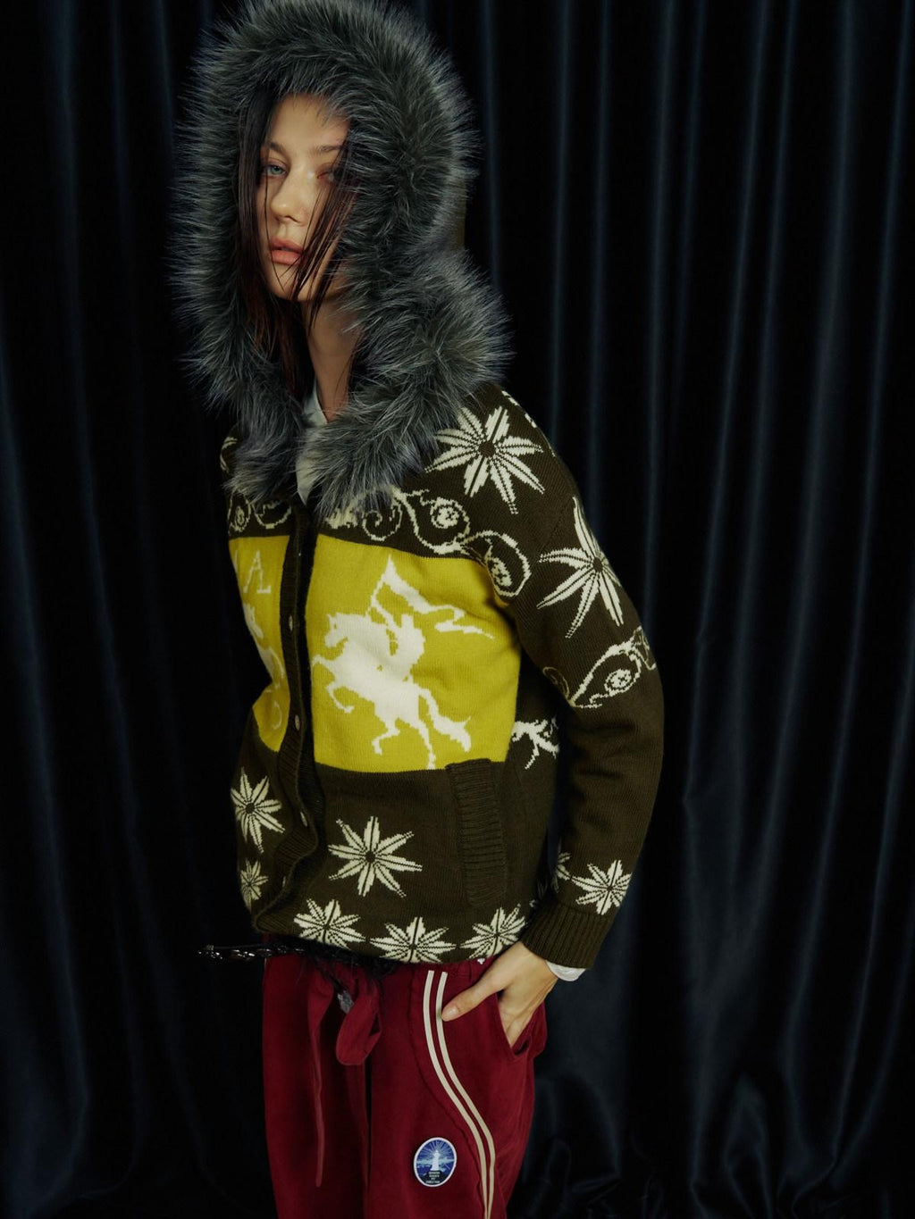 APRIORITY Fair Isle Jacquard Fur Collar Hooded Distressed Women's Wool Blend Cardigans