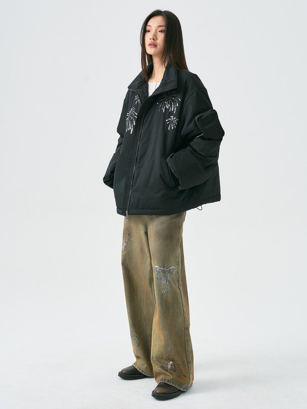 APRIORITY Firework Bead Tube Embroidery Stand Collar Women's Polyester Puffer Jackets