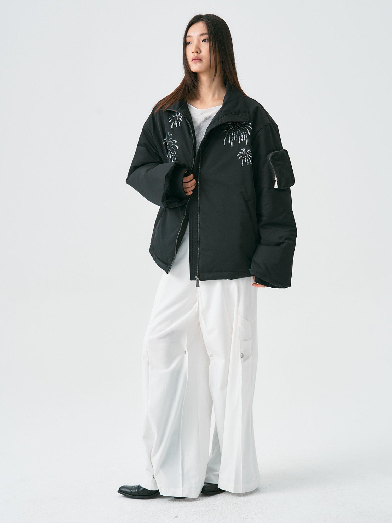 APRIORITY Firework Bead Tube Embroidery Stand Collar Women's Polyester Puffer Jackets