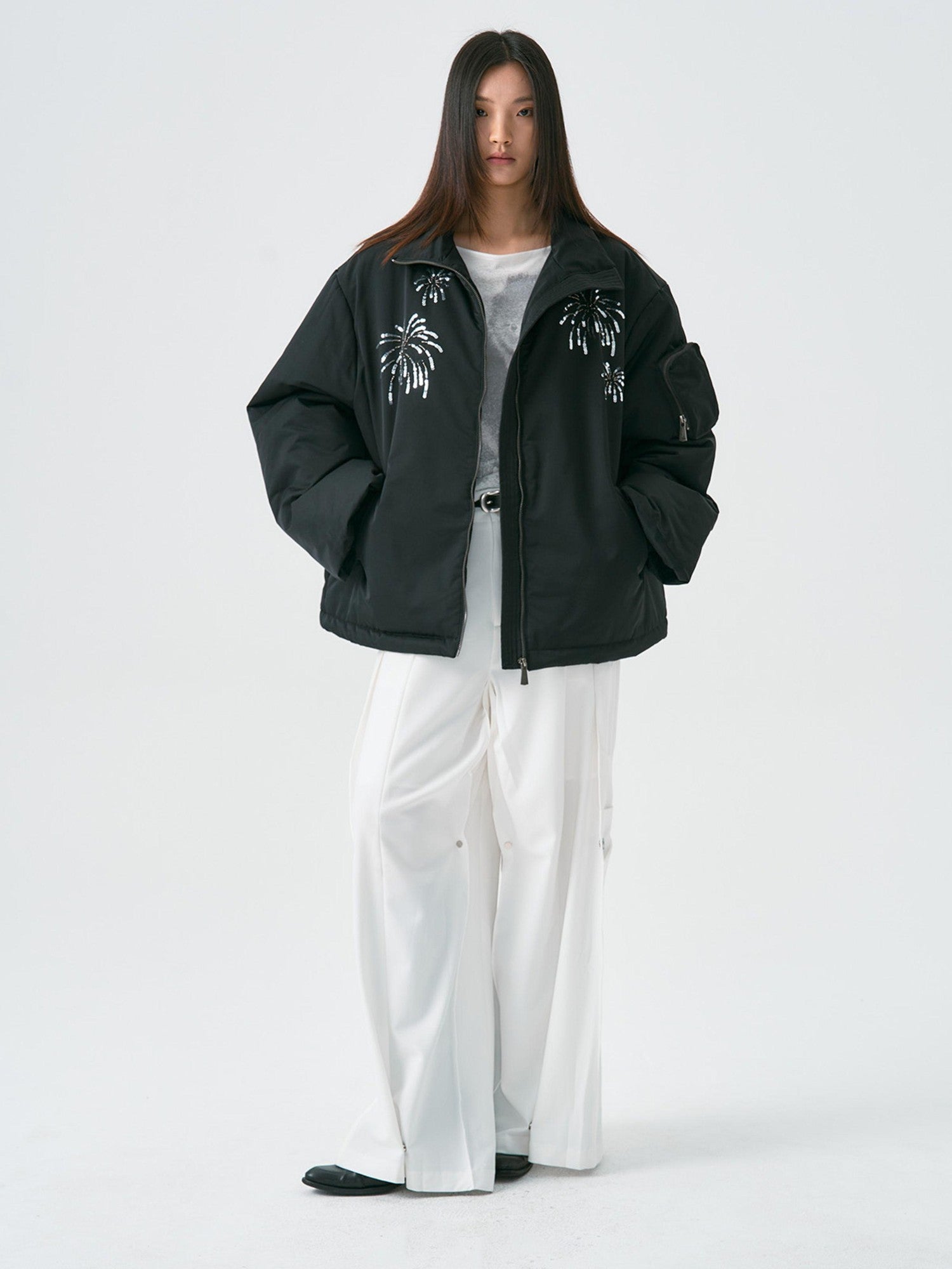 APRIORITY Firework Bead Tube Embroidery Stand Collar Women's Polyester Puffer Jackets
