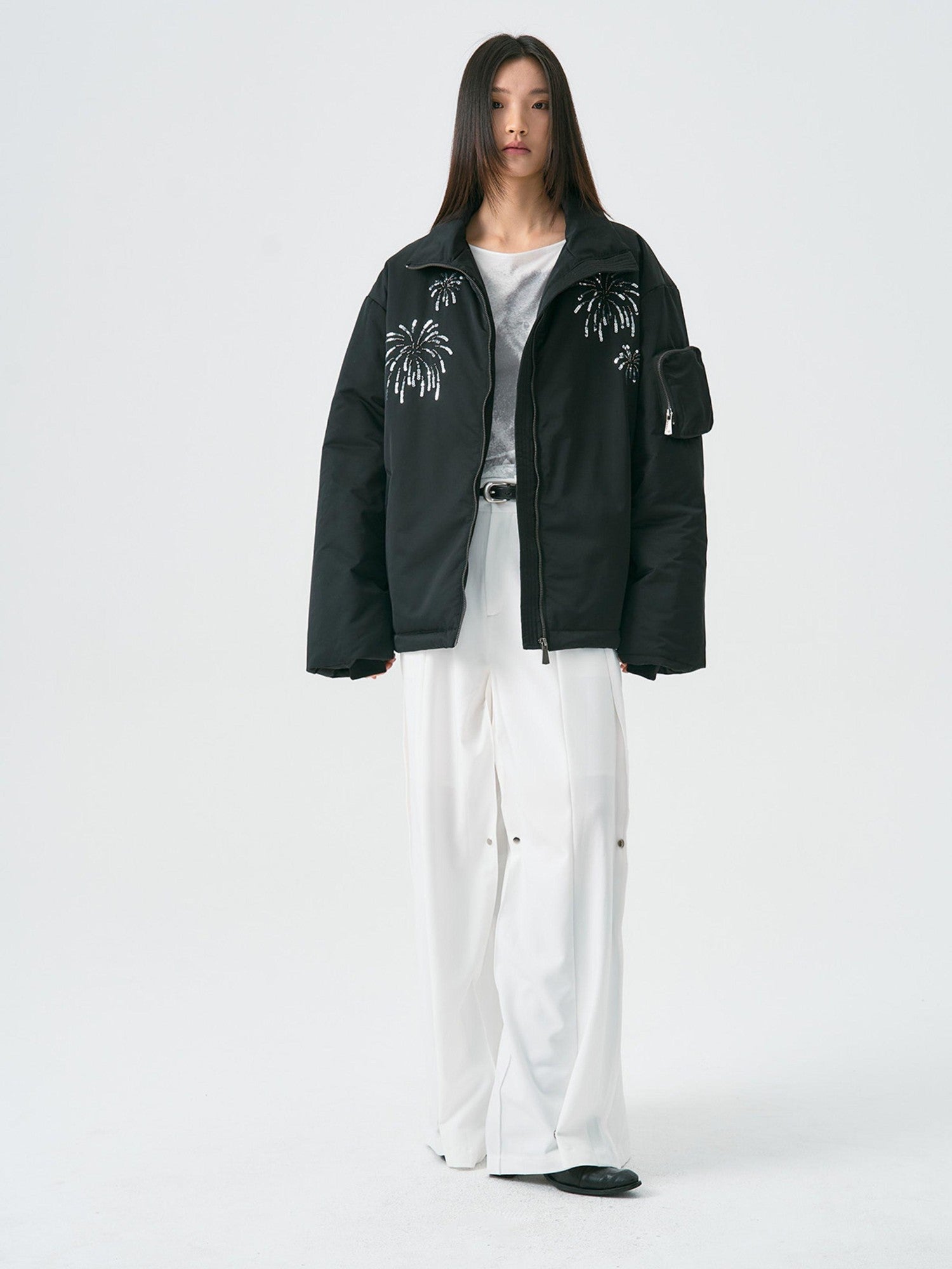 APRIORITY Firework Bead Tube Embroidery Stand Collar Women's Polyester Puffer Jackets
