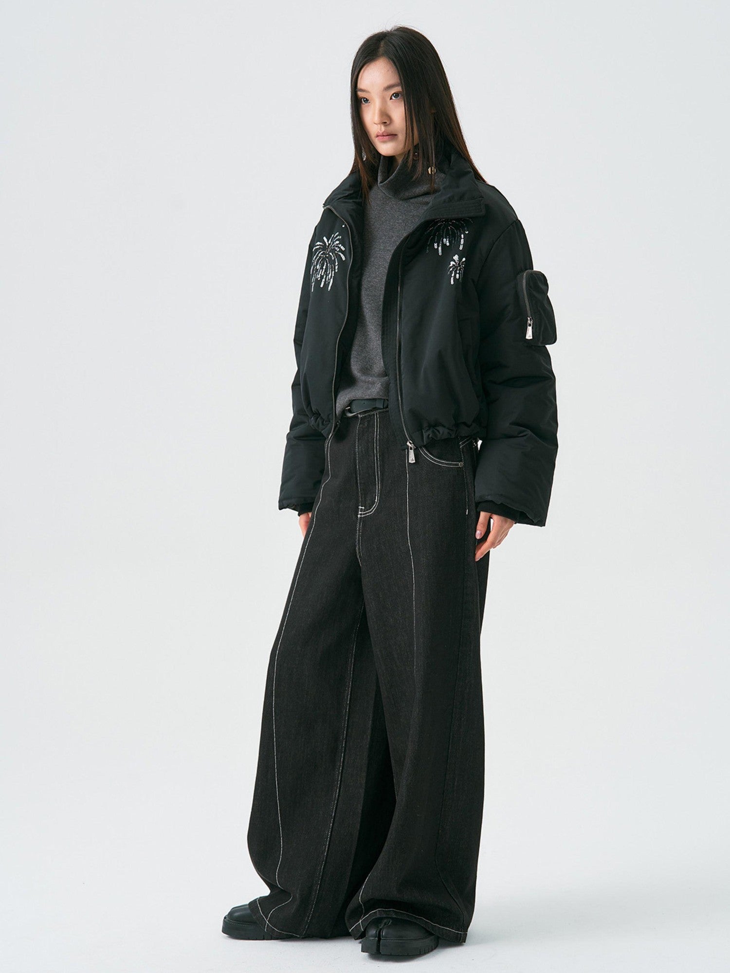 APRIORITY Firework Bead Tube Embroidery Stand Collar Women's Polyester Puffer Jackets