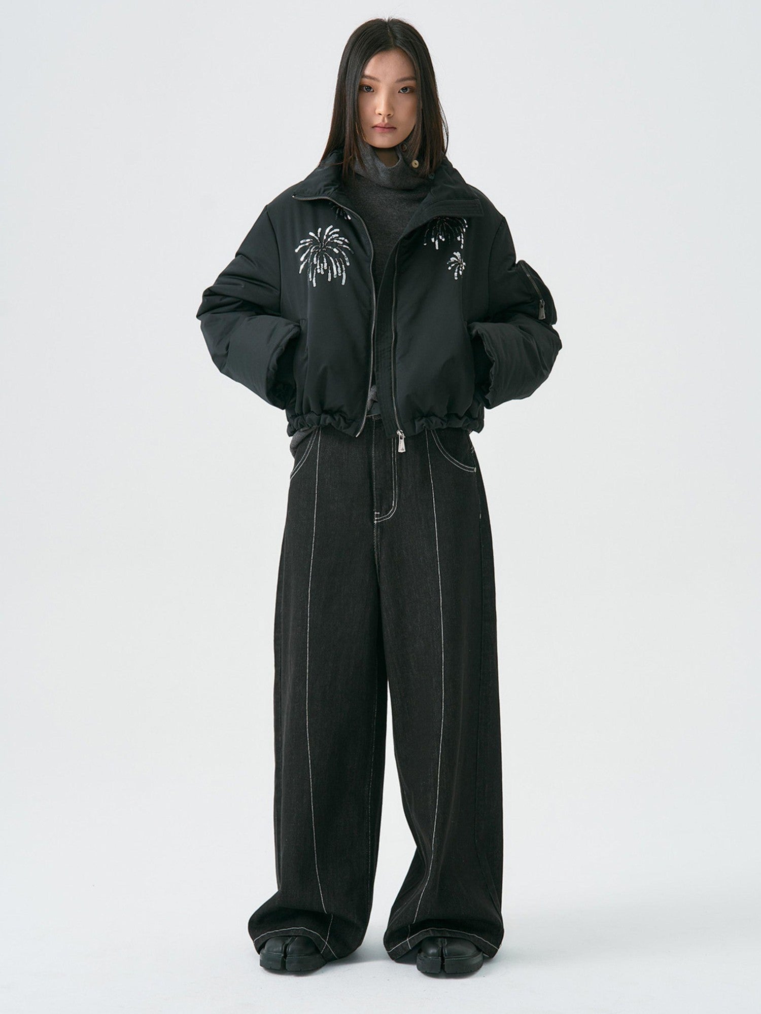 APRIORITY Firework Bead Tube Embroidery Stand Collar Women's Polyester Puffer Jackets
