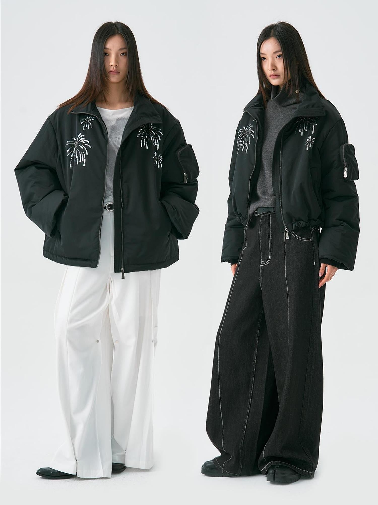 APRIORITY Firework Bead Tube Embroidery Stand Collar Women's Polyester Puffer Jackets