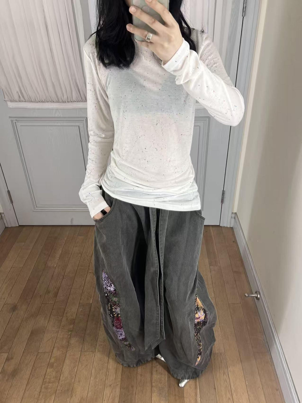 APRIORITY Firework Print Enzyme Wash Waxy Distressed Curved Leg Women's Polycotton Chinos