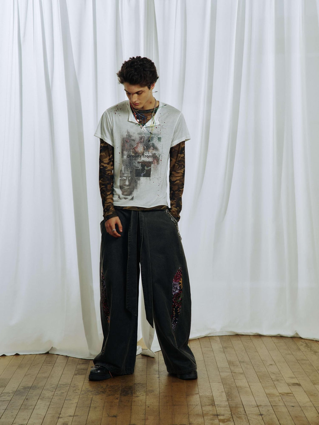 APRIORITY Firework Print Enzyme Wash Waxy Distressed Curved Leg Women's Polycotton Chinos