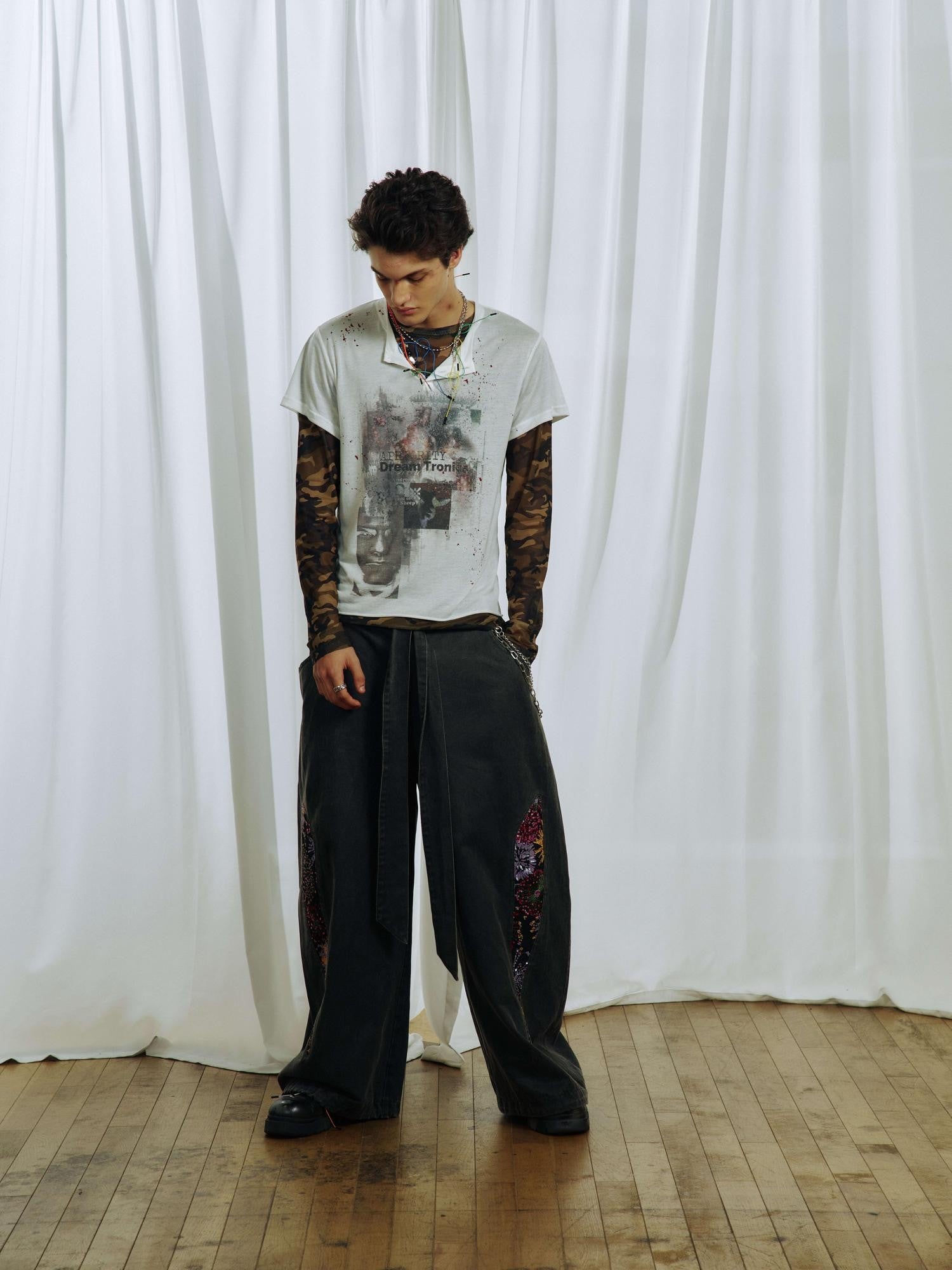 APRIORITY Firework Print Enzyme Wash Waxy Distressed Curved Leg Women's Polycotton Chinos