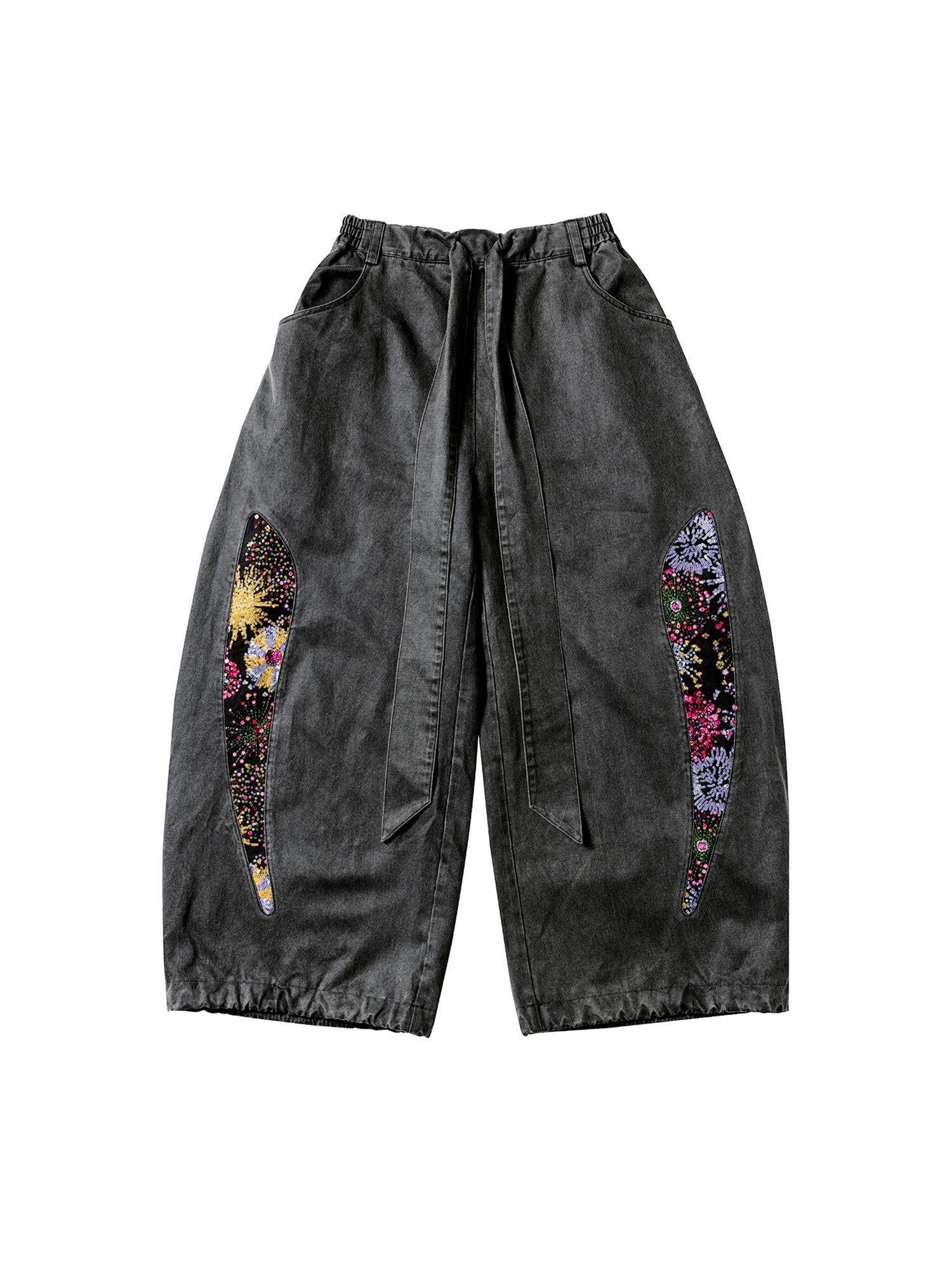 APRIORITY Firework Print Enzyme Wash Waxy Distressed Curved Leg Women's Polycotton Chinos