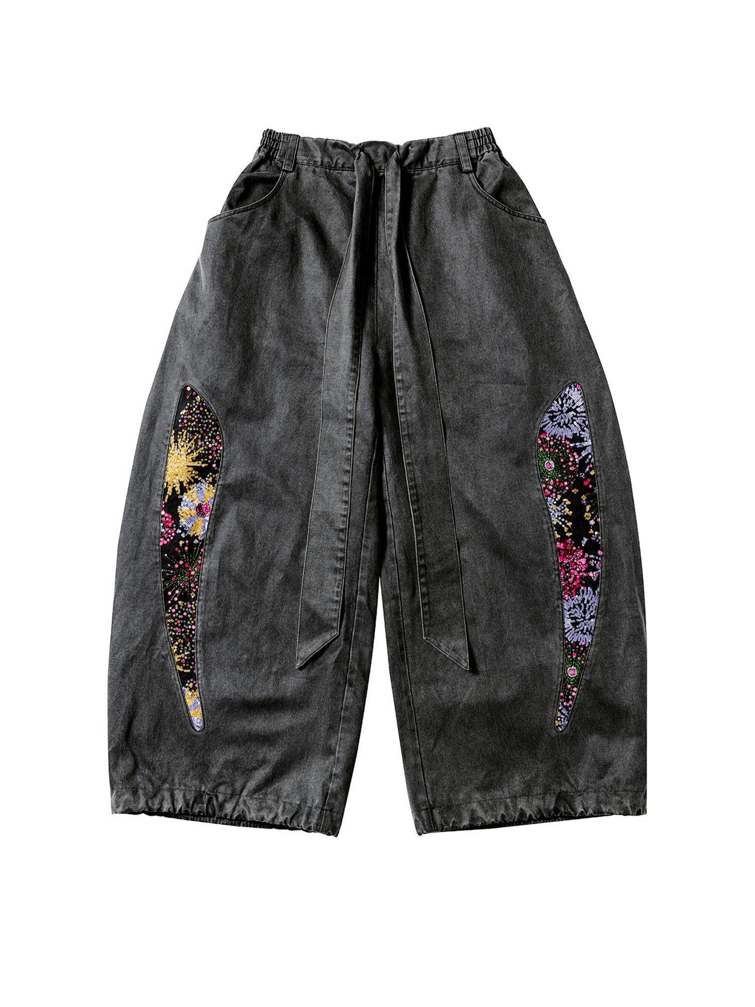 APRIORITY Firework Print Enzyme Wash Waxy Distressed Curved Leg Women's Polycotton Chinos