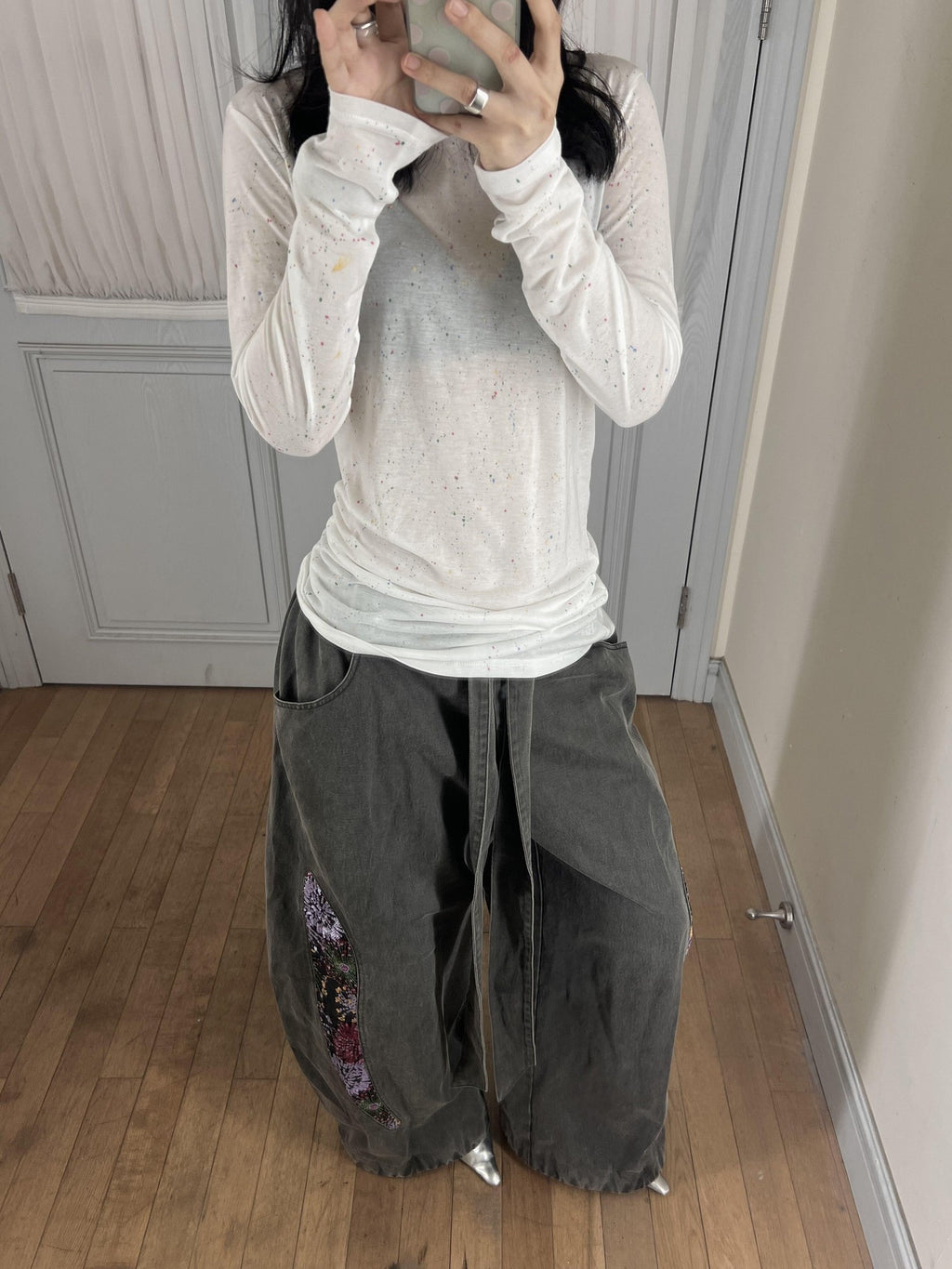APRIORITY Firework Print Enzyme Wash Waxy Distressed Curved Leg Women's Polycotton Chinos