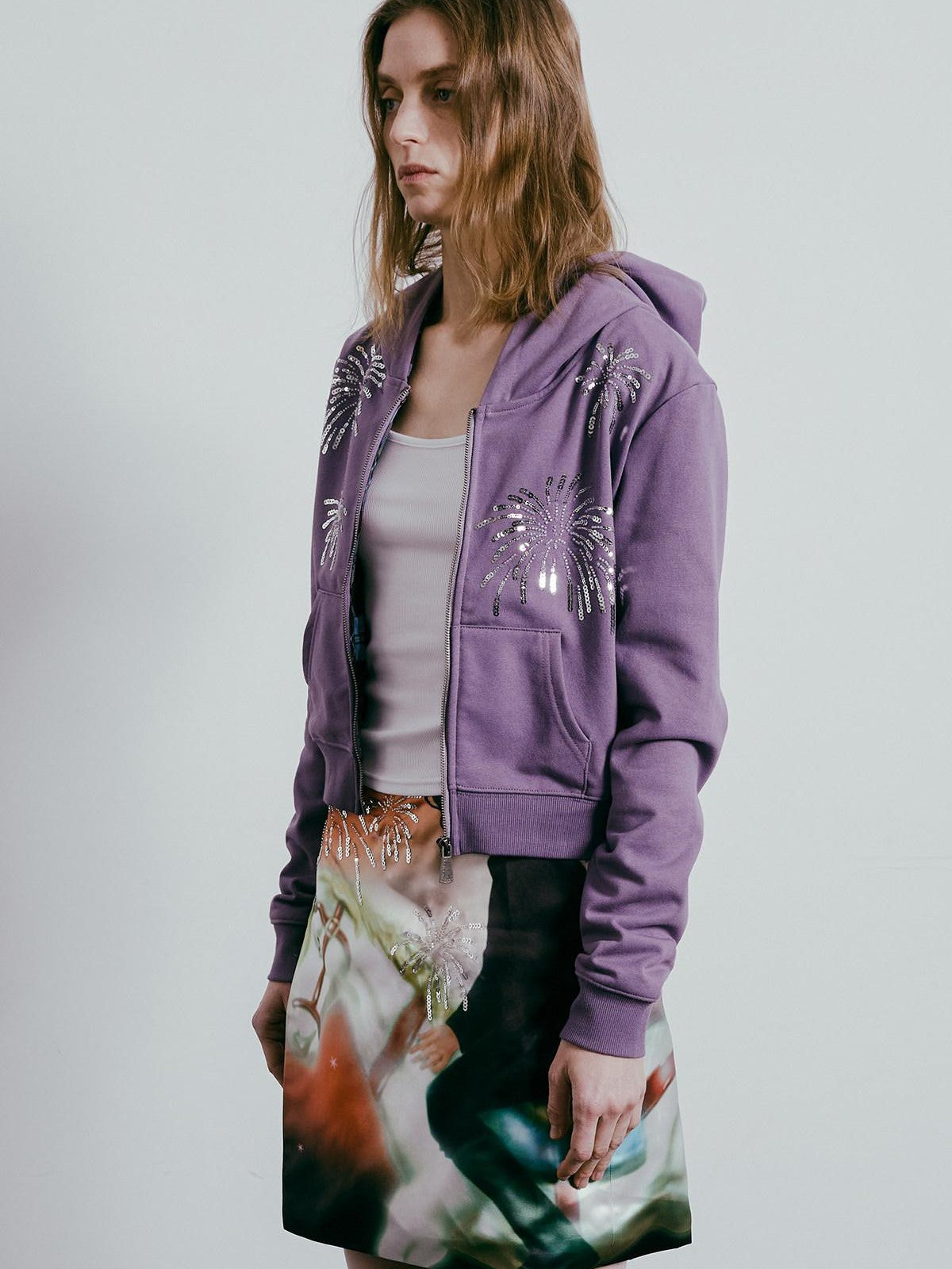 APRIORITY Firework Sequin Embroidered 3d Plaid Women's Cotton Blend Hoodies