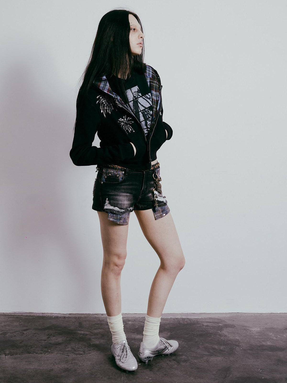 APRIORITY Firework Sequin Embroidered 3d Plaid Women's Cotton Blend Hoodies