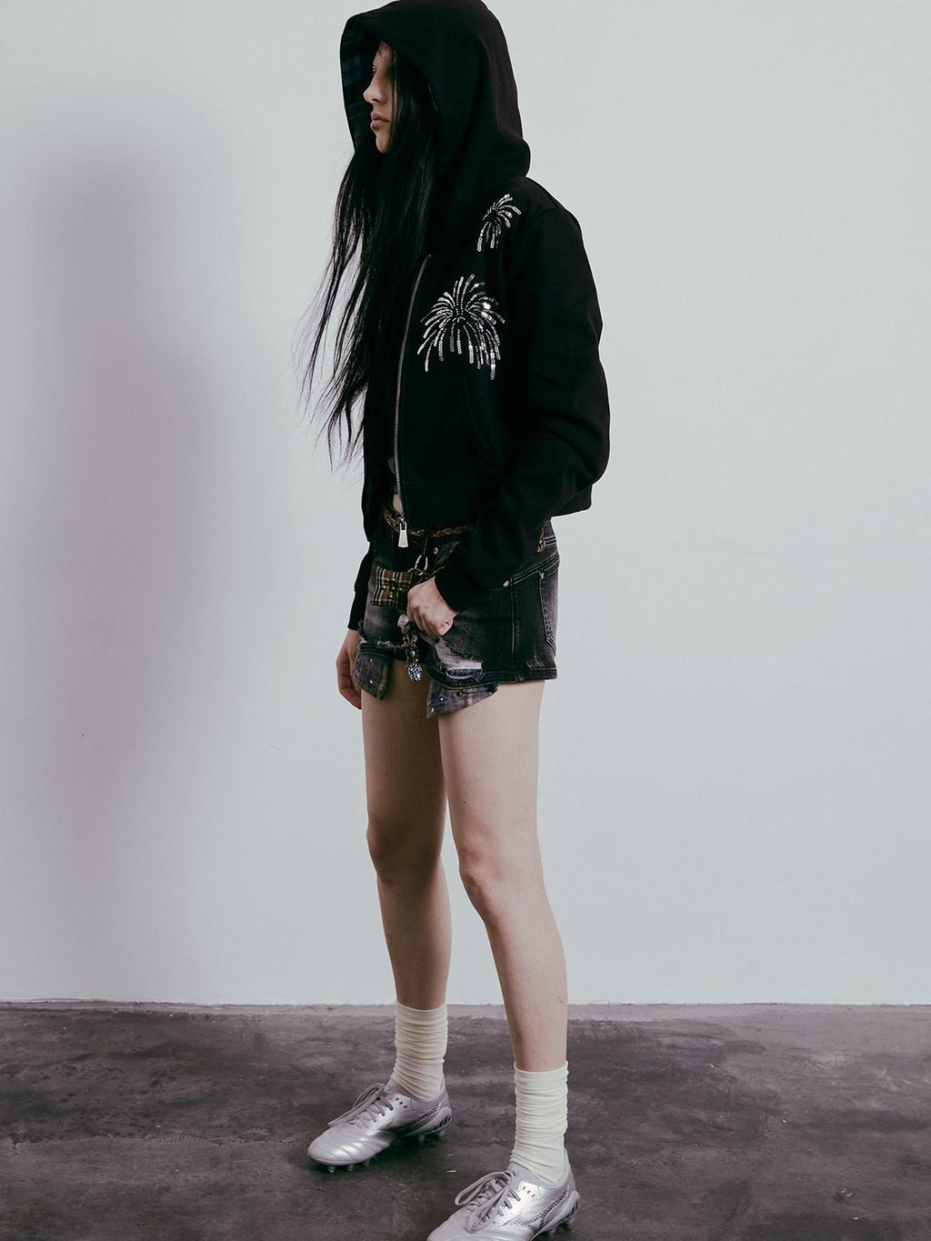 APRIORITY Firework Sequin Embroidered 3d Plaid Women's Cotton Blend Hoodies