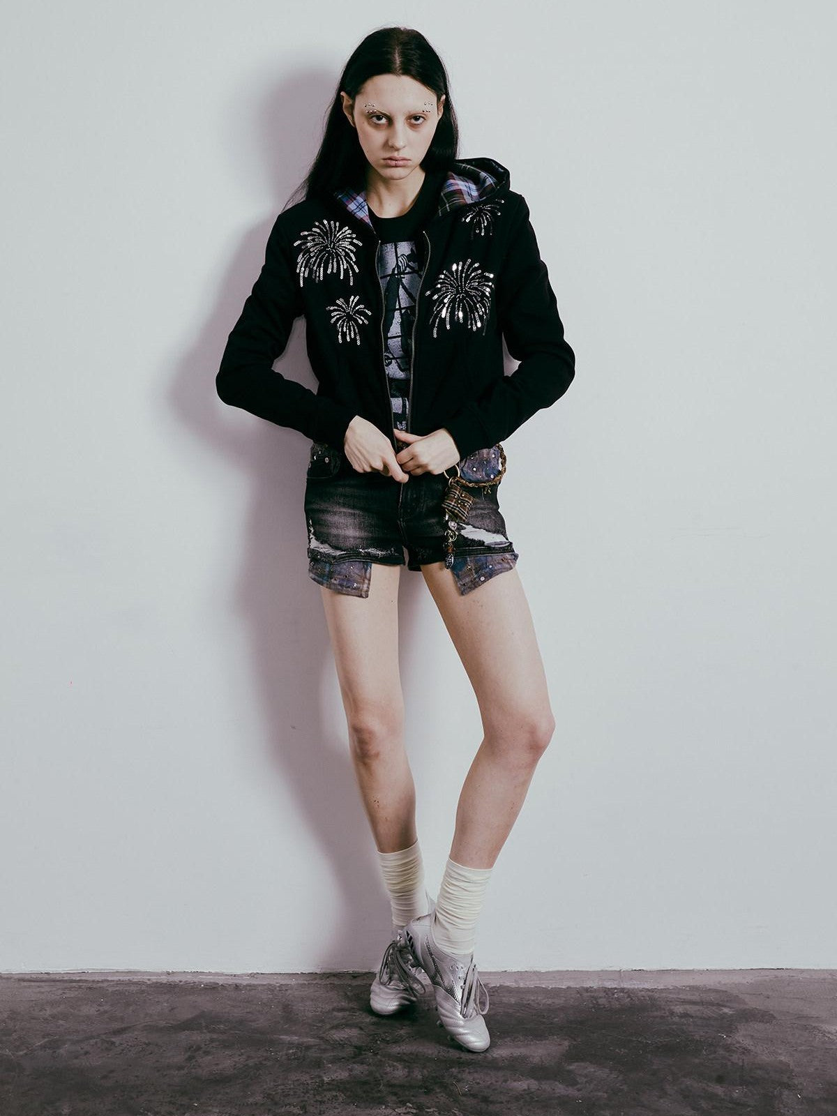 APRIORITY Firework Sequin Embroidered 3d Plaid Women's Cotton Blend Hoodies