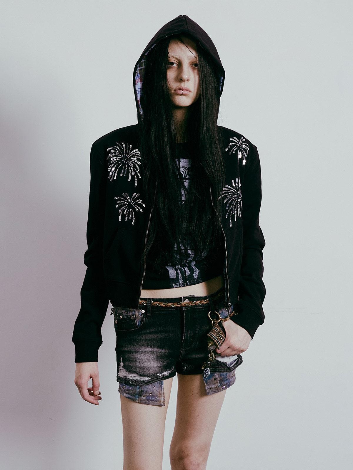 APRIORITY Firework Sequin Embroidered 3d Plaid Women's Cotton Blend Hoodies