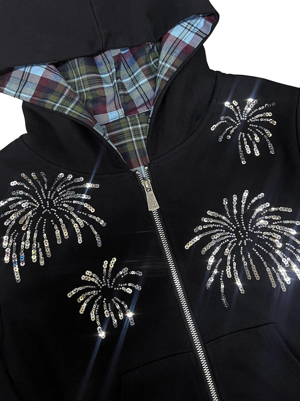 APRIORITY Firework Sequin Embroidered 3d Plaid Women's Cotton Blend Hoodies
