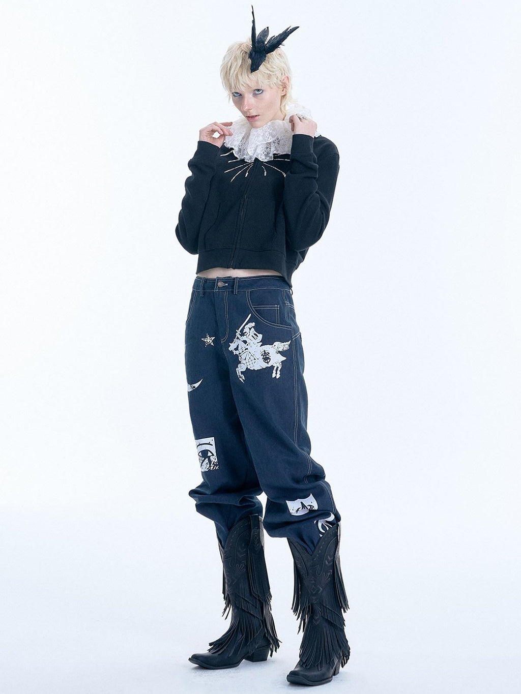APRIORITY Firework Sequin Embroidered Slim Cropped Women's Cotton Blend Zip-up Hoodies