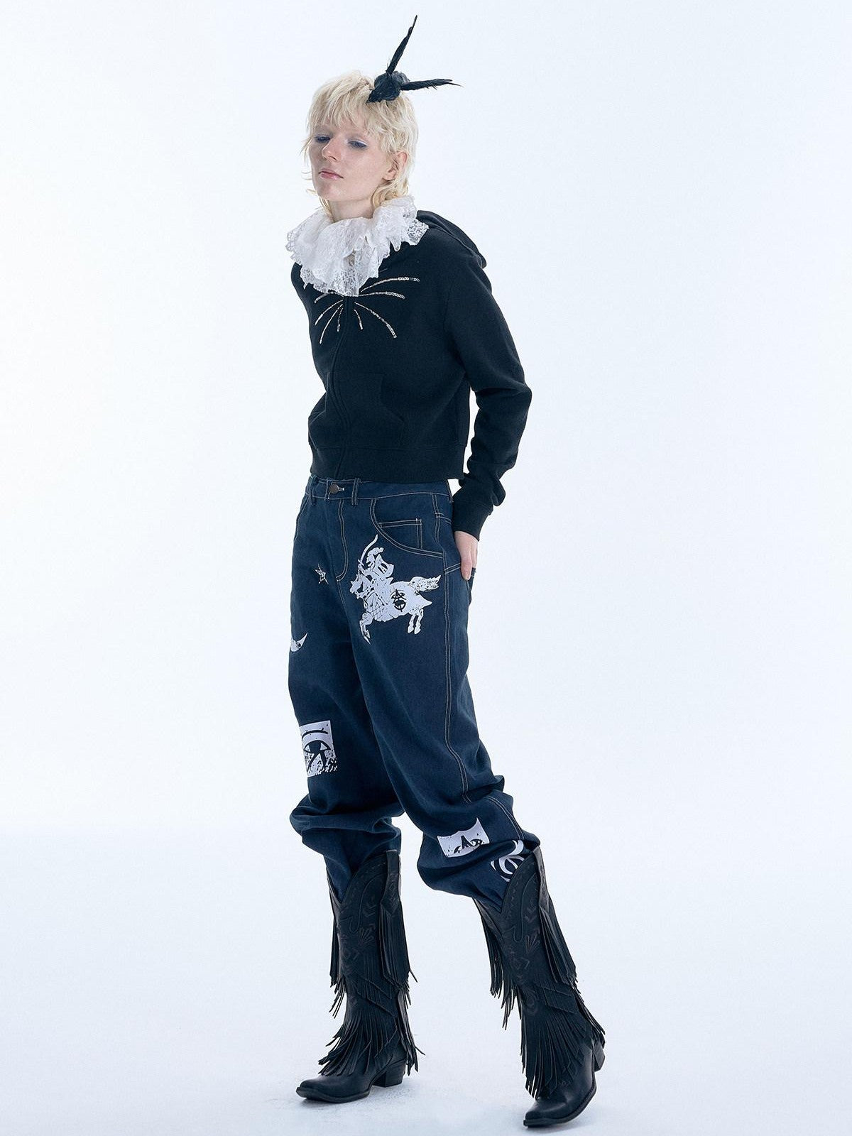 APRIORITY Firework Sequin Embroidered Slim Cropped Women's Cotton Blend Zip-up Hoodies
